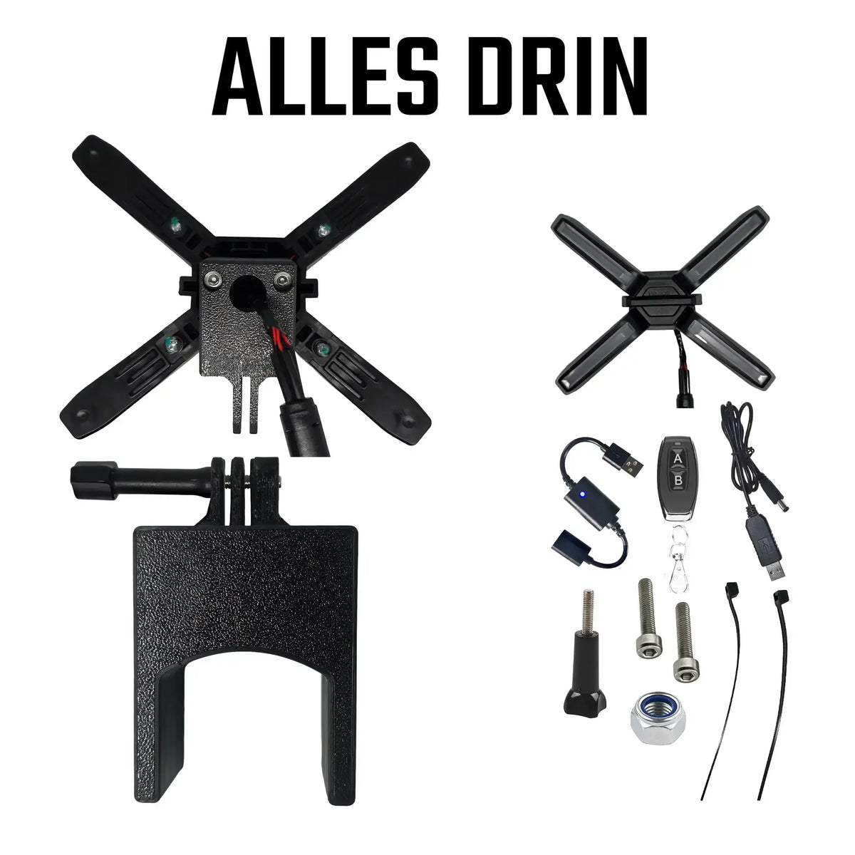 X-Light Set Lieferumfang mit Halterung, Fernbedienung und Montagezubehör