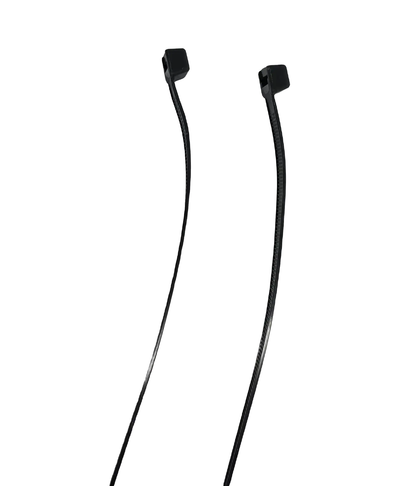 Zwei schwarze Kabelbinder aus Kunststoff vor schwarzem Hintergrund, ideal für E-Scooter Zubehör