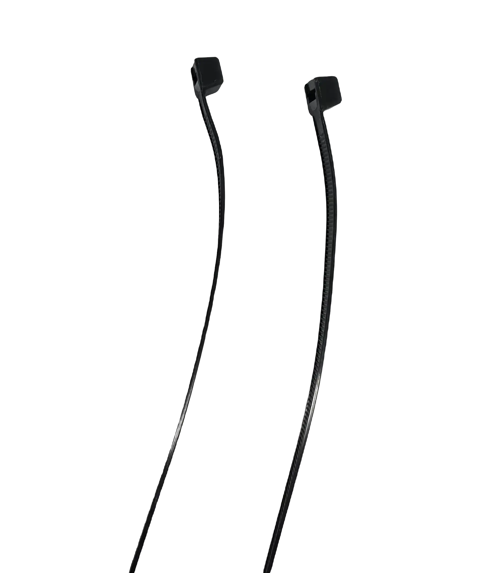 Zwei schwarze Kabelbinder aus Kunststoff vor schwarzem Hintergrund, ideal für E-Scooter Zubehör